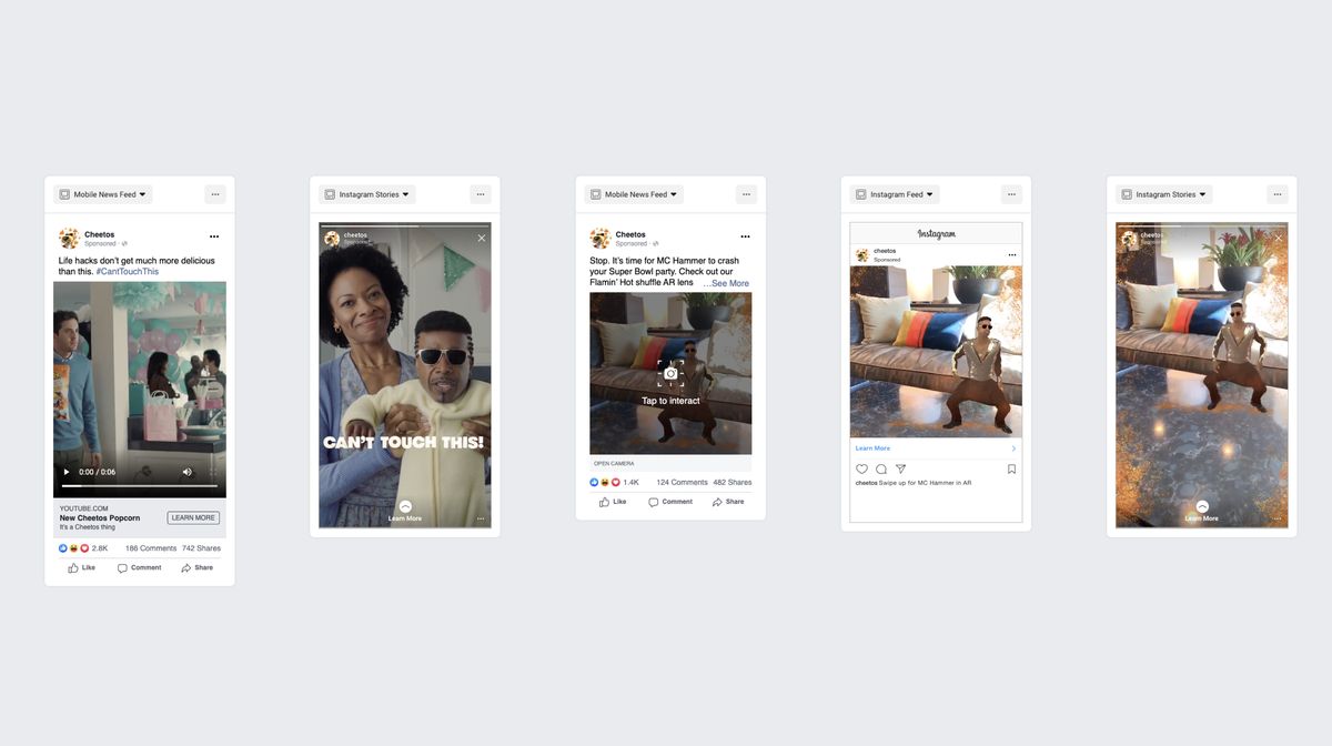 The MC Hammer AR lens as it ran in the Facebook feed and in Instagram Stories