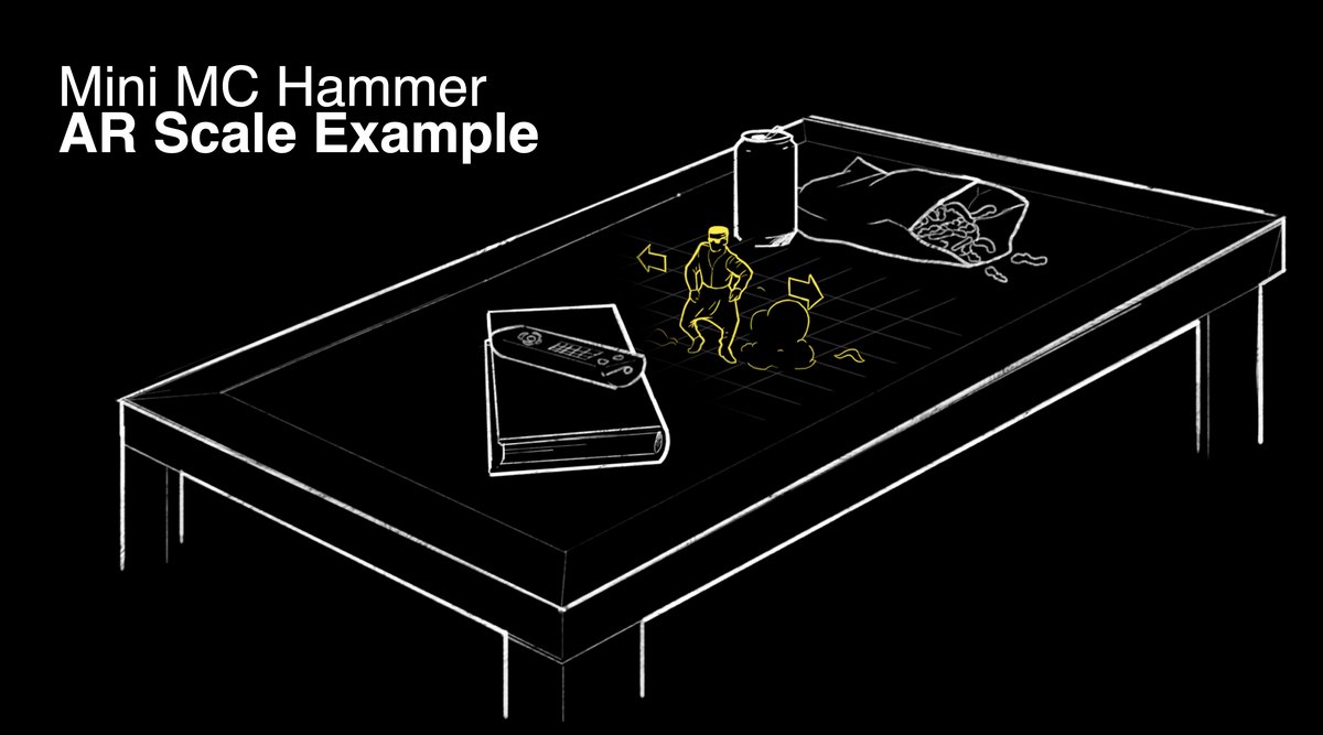 Mini MC Hammer AR scale example, a line drawing of the lens character beside a Cheetos can on a table